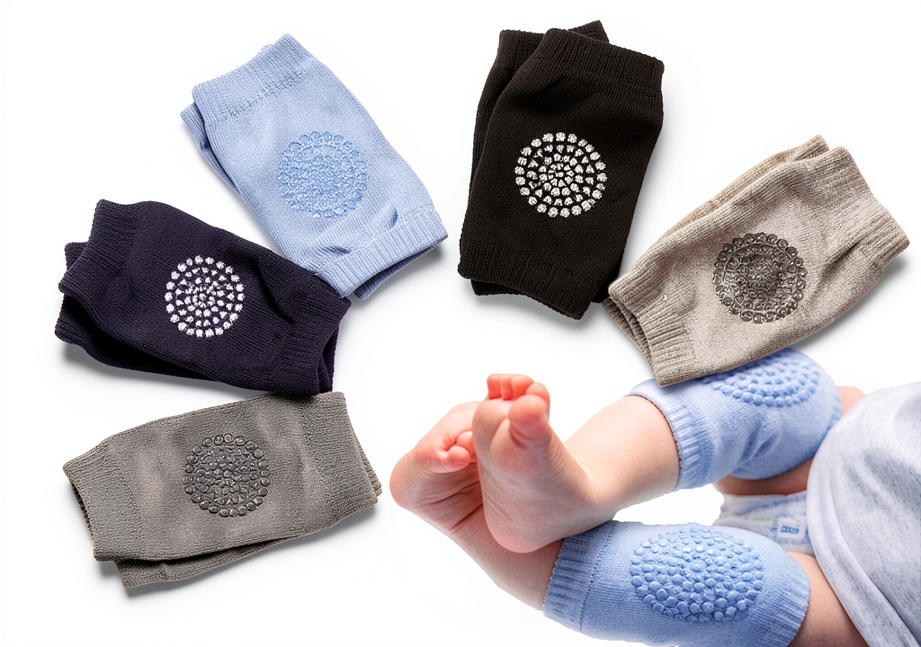 Baby wearing Little World knee pads while crawling on a carpet